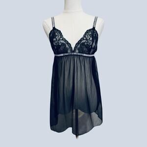 Victoria's Secret Black Lace Sheer Babydoll Lingerie Rhinestone Straps Waist M